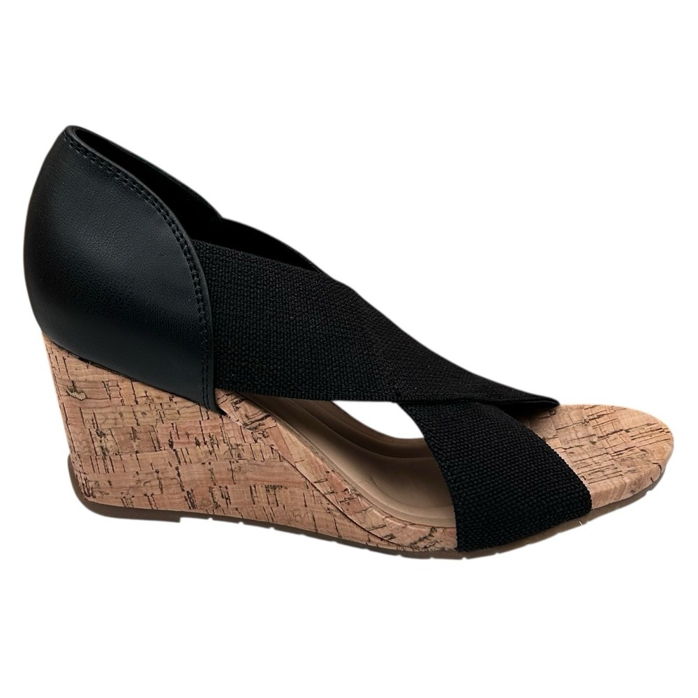 Kenneth Cole Gelena Women's Stretch Cork Wedge‎ Sandal Size 9 Black-Tan Open Toe